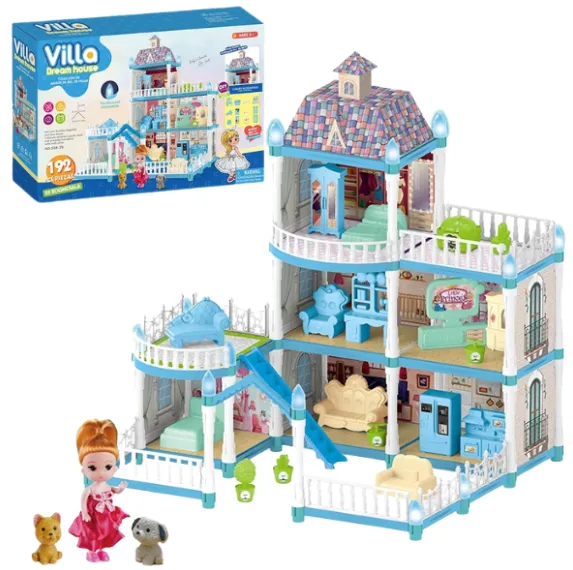 Căsuță pentru păpuși „Vila Visurilor” + accesorii, cu iluminare de noapte, 192 el.