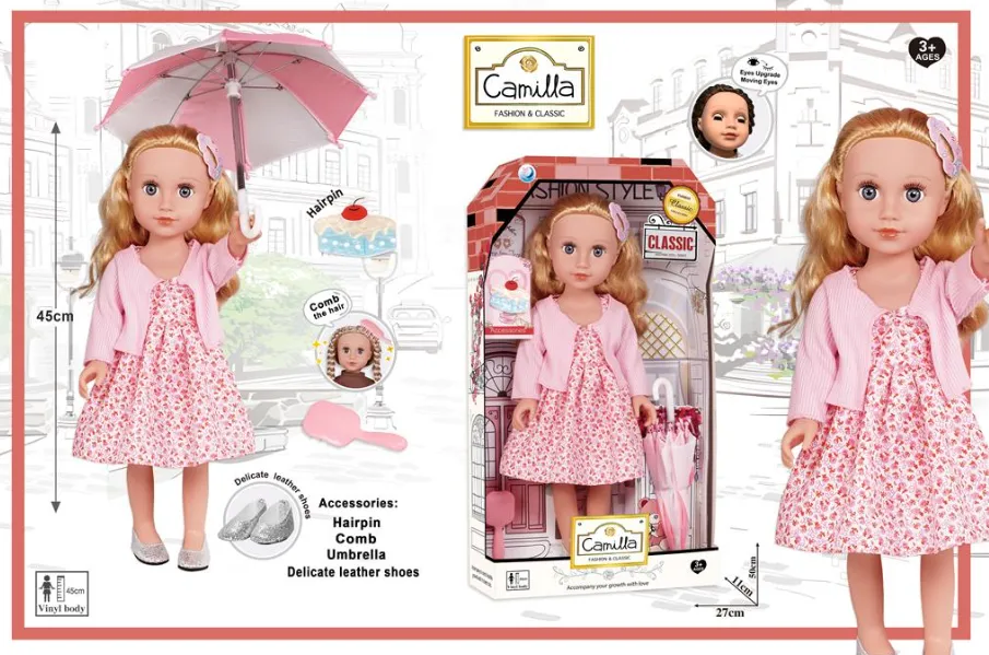 Păpușă din vinil de 45 cm, într-o rochie roz, cu o umbrelă A931B