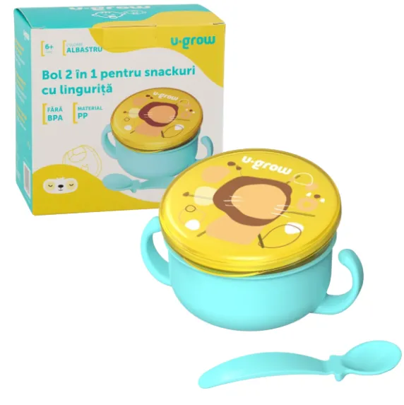 Bol 2 în 1 pentru snackuri cu linguriță, albastru
