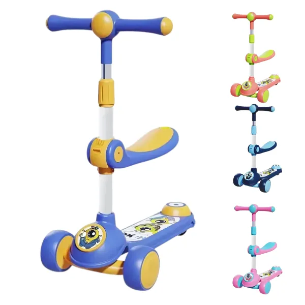 Trotinetă pentru copii cu trei roți, lumini LED, muzică și scăunel, 4 culori