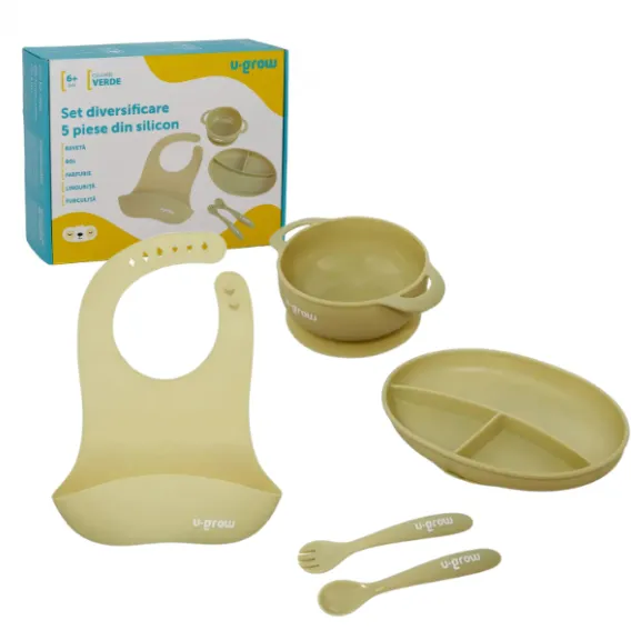 Set diversificare 5 piese din silicon: bavetă, bol, farfurie, linguriță și furculiță, Olive