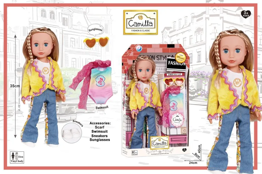 Păpușă din vinil de 40 cm în rochie, cu haine A932J