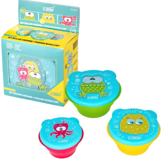 Set de 3 boluri de hrănire cu capac, 160/240/340 ml