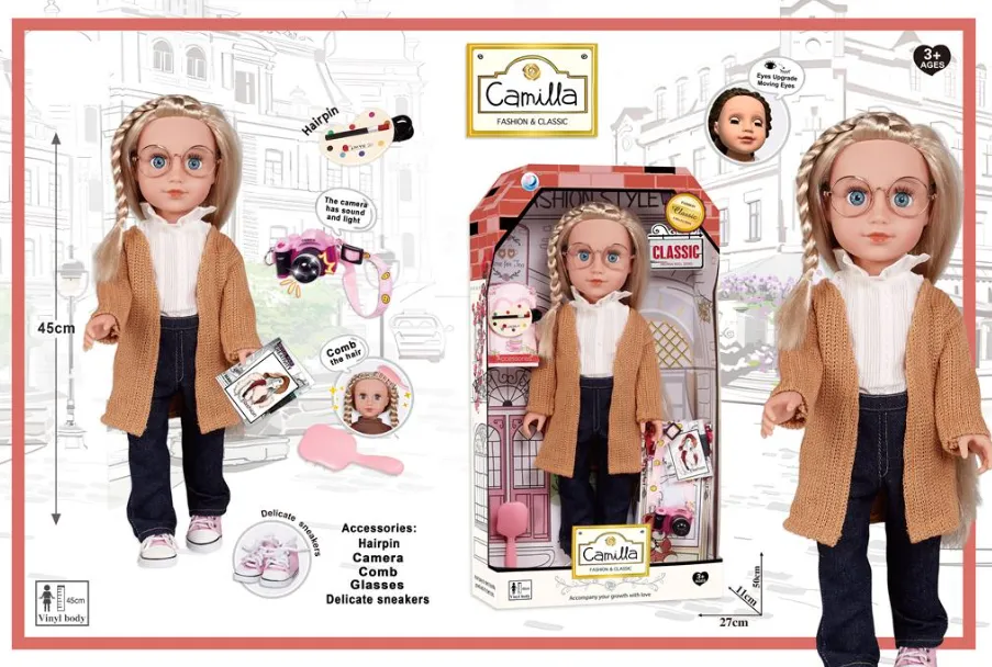 Păpușă din vinil de 45 cm, într-un cardigan, cu o cameră foto A931C