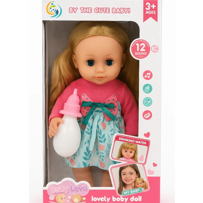 Păpușă bebeluș cu biberon, în rochie roz, cod 919141