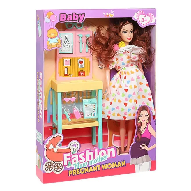 Păpușă cu bebeluș și accesorii, într-o rochie cu buline, cod 919120