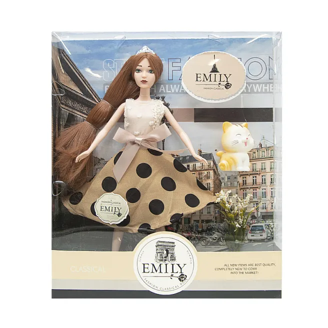 Papusa Emily 30 cm, rochie cu buline, cu pisica, cod 672007