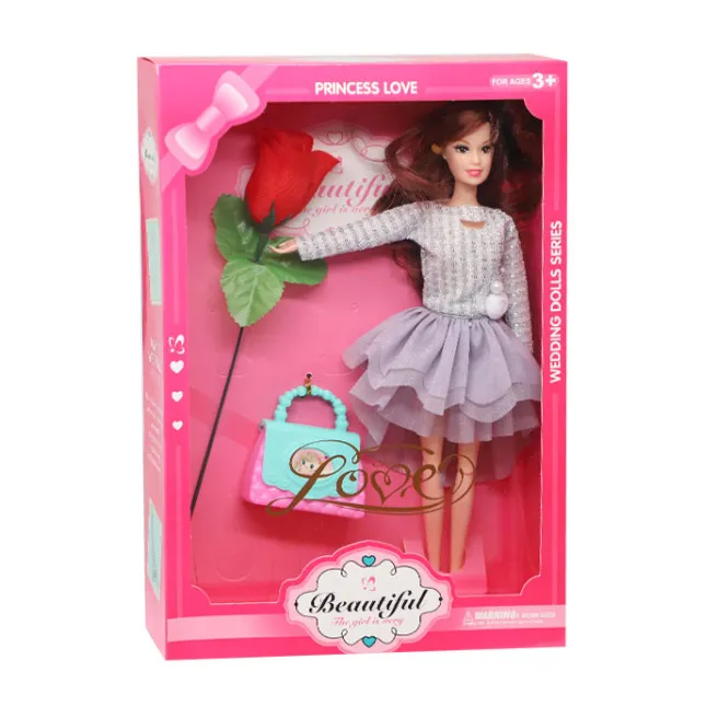 Papușa în rochie gri cu floare, 29 cm, cod 852014