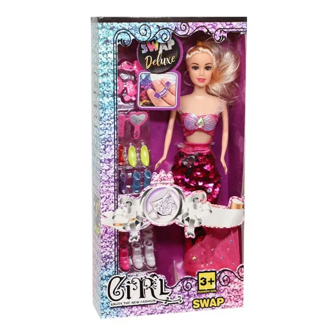 Păpușă Sirenă cu accesorii, 29 cm, coadă fuxia, cod 879068