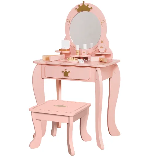 Masă de machiaj din lemn cu scaun, roz, W08H206B